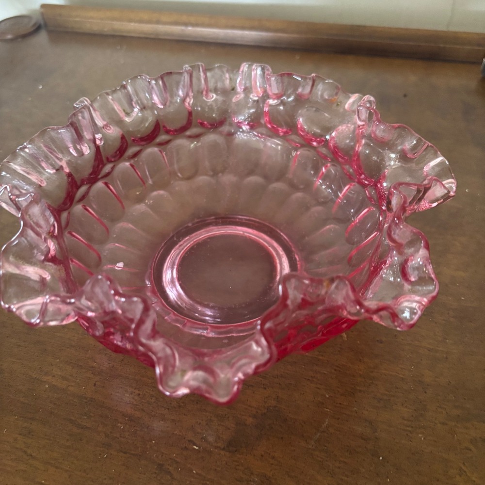 Vintage Pink Thumbprint Ruffled Glass Bowl Footed Candy Dish 5.5 Inch - Picture 3 of 4